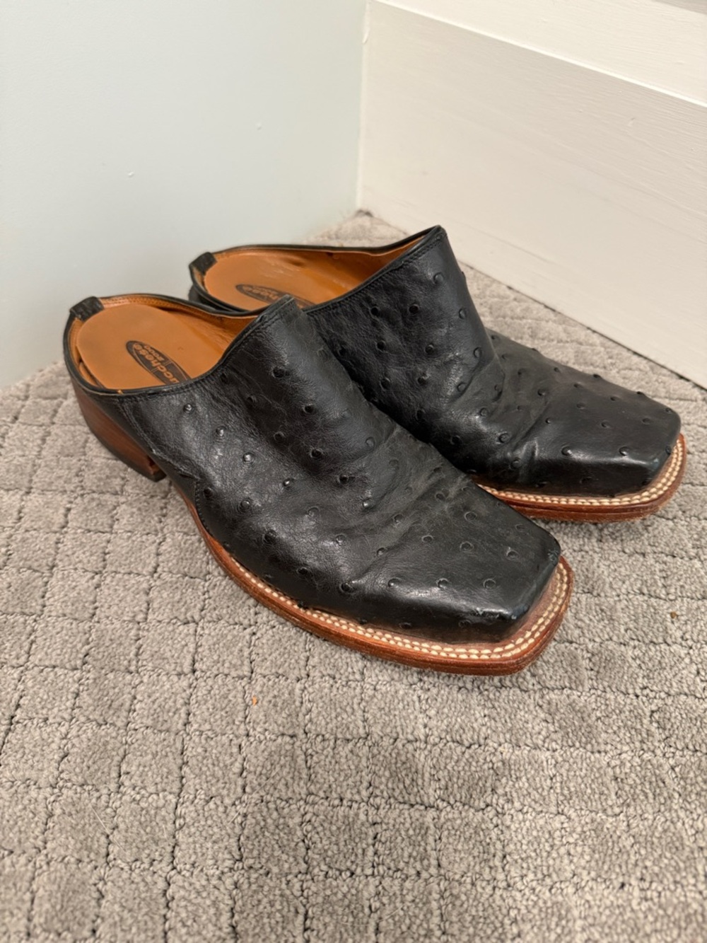 Lucchese Black Ostrich Slip-On Loafers with Tan Welt